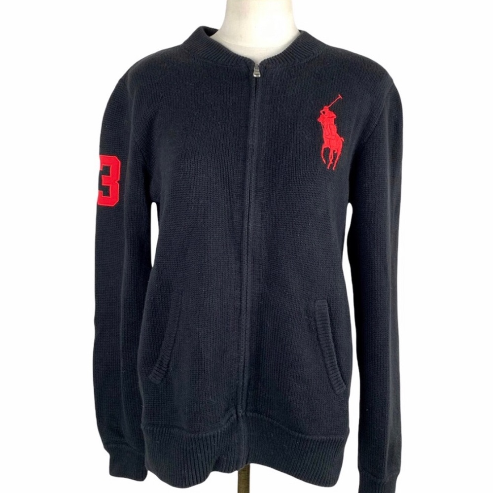 Polo Ralph Lauren Zip Cardigan Sweater Large Pony Logo and Rider and Number 3